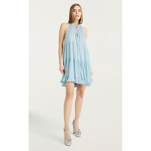 Cinq A Sept Size 6 $395 Phyllis Blue Shimmer Halter Tiered Ruffle Mini Dress